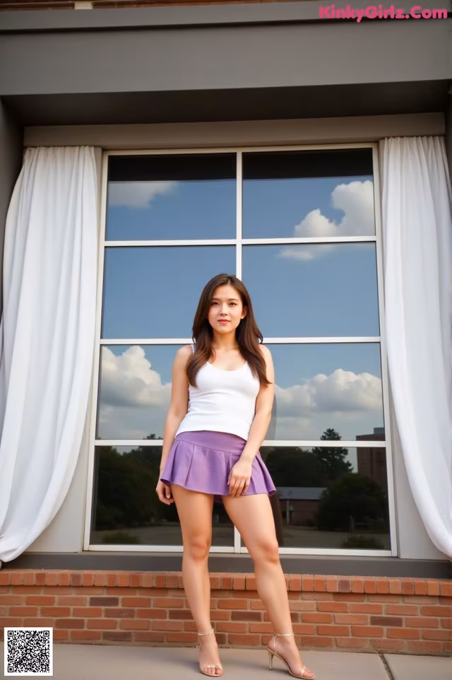 A woman standing in front of a window wearing a purple skirt.