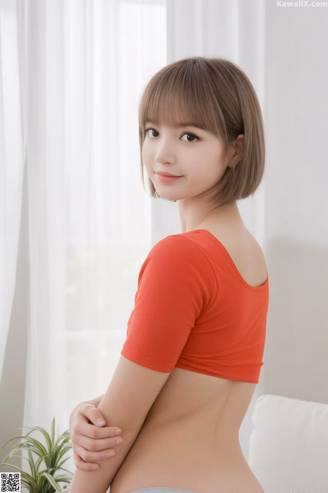A woman in a red shirt is posing for the camera.