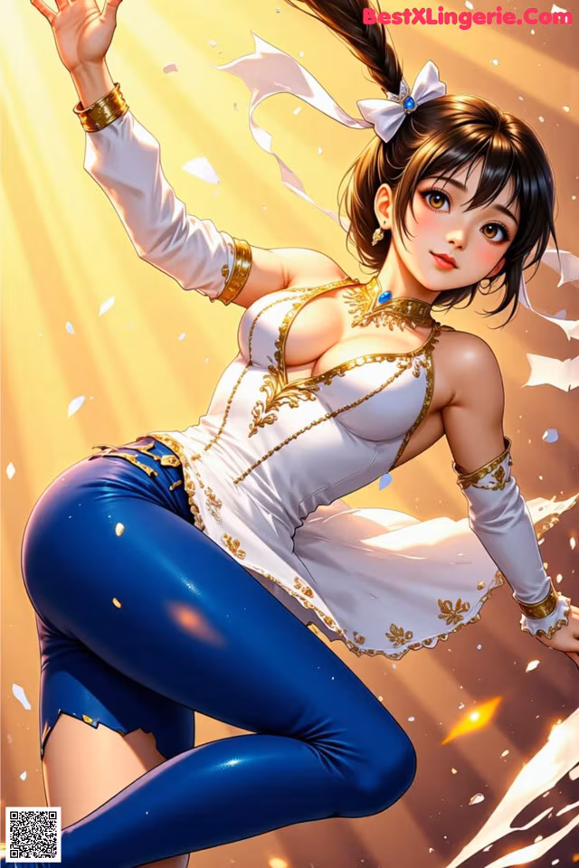 A woman in a white top and blue pants is dancing.