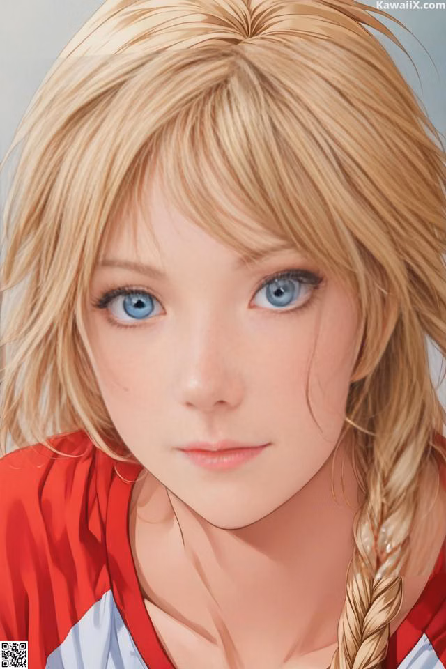 A girl with long blonde hair and blue eyes.