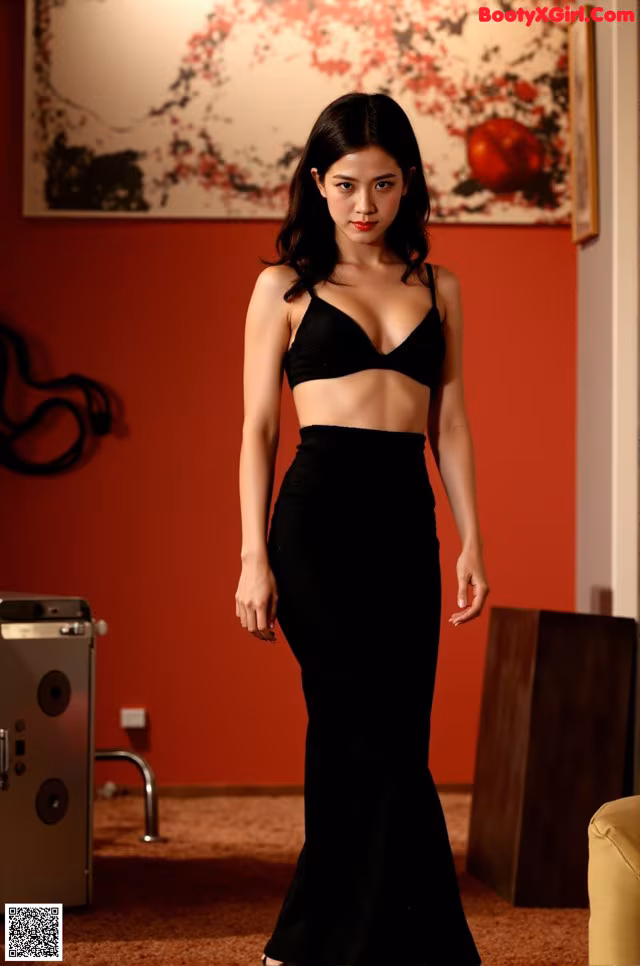 A woman in a black dress standing in a room.