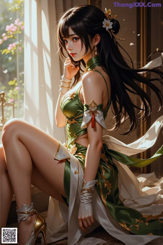 A woman in a green and white dress sitting on a window sill.