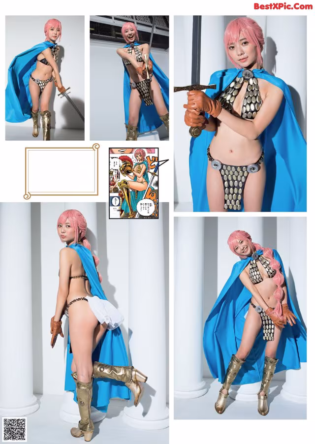 A woman in a bikini and a blue cape holding a sword.