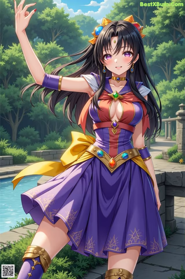A woman in a purple dress standing next to a pool.
