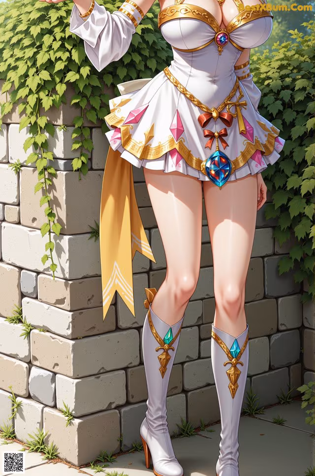 A woman in a white dress and white boots posing for a picture.