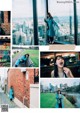 A collage of photos of a woman in a blue coat.