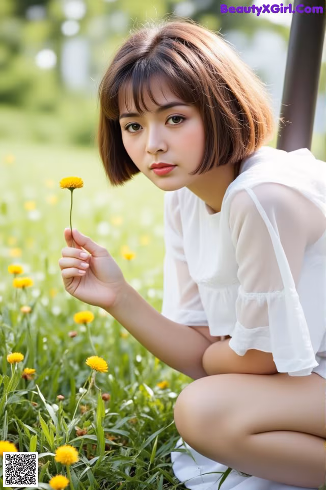 A woman sitting in a field of yellow flowers.