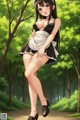 A woman in a maid outfit is posing in the woods.