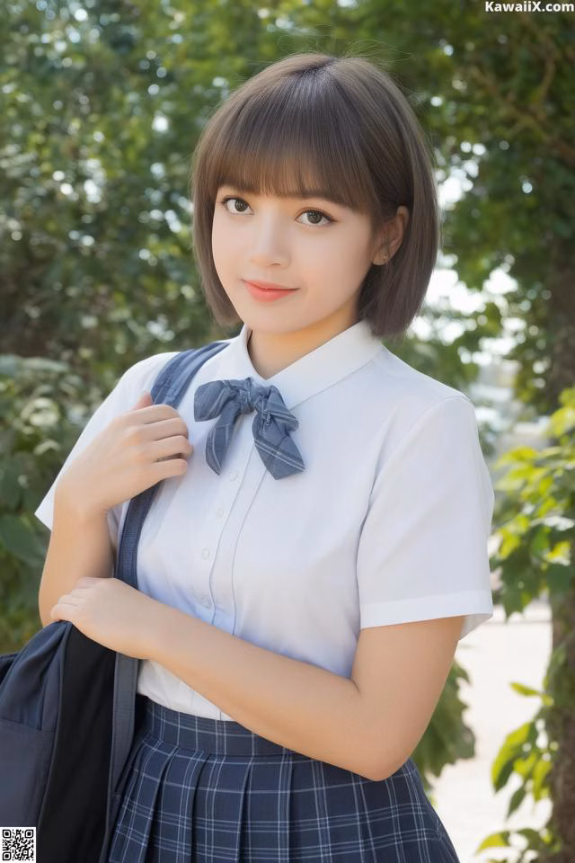 A young woman in a school uniform posing for a picture.