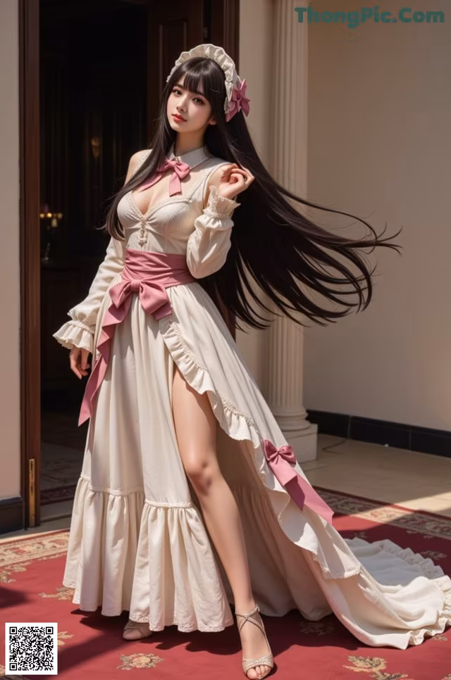 A woman in a long white dress with a pink sash.