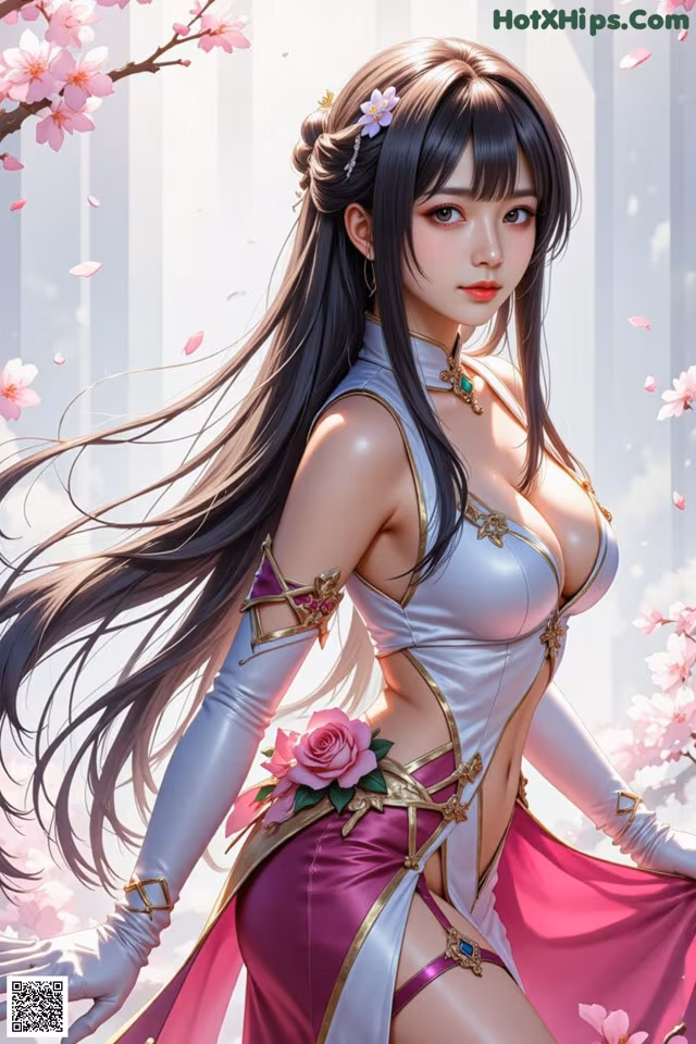 A woman in a pink and white outfit with long black hair.