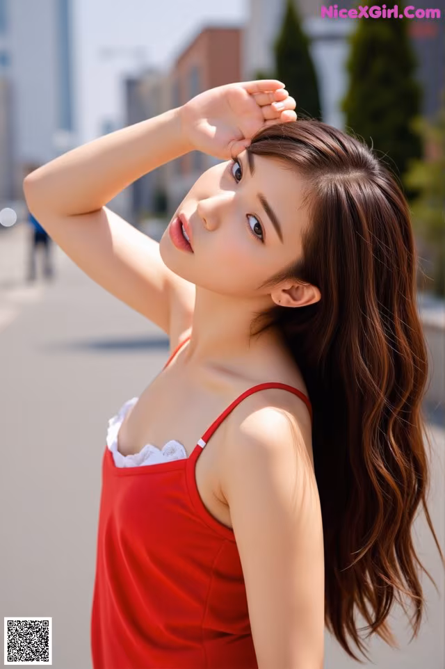 A woman in a red dress posing for a picture.