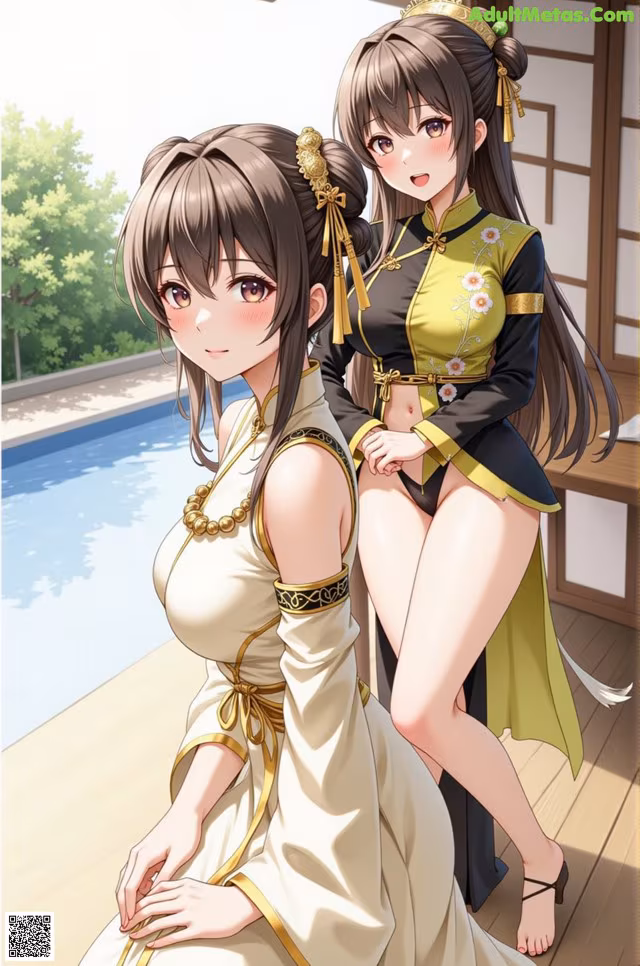 A couple of women standing next to each other near a pool.